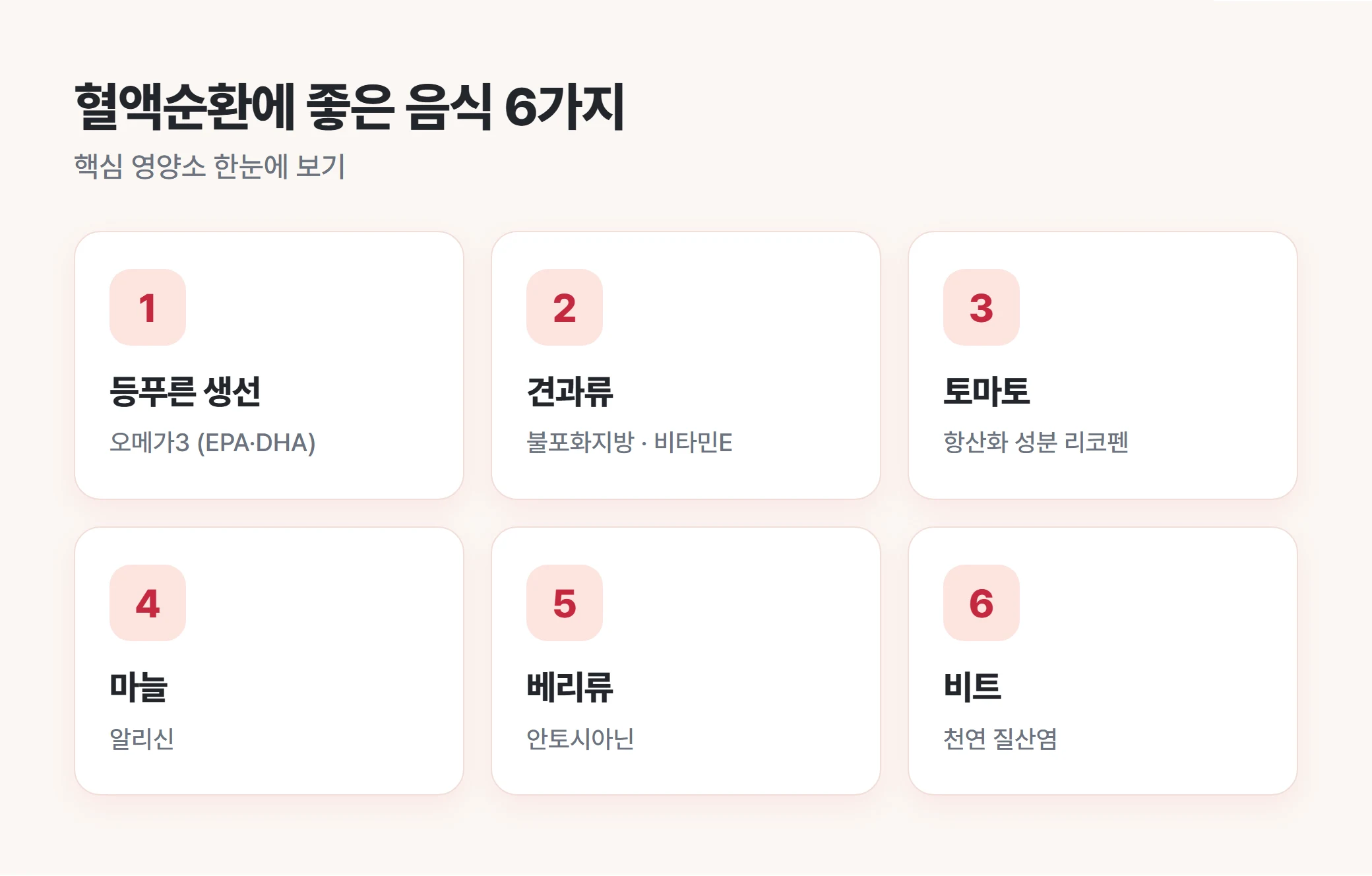 혈관 건강 돕는 혈액순환에 좋은 음식 6가지 핵심 영양소 요약