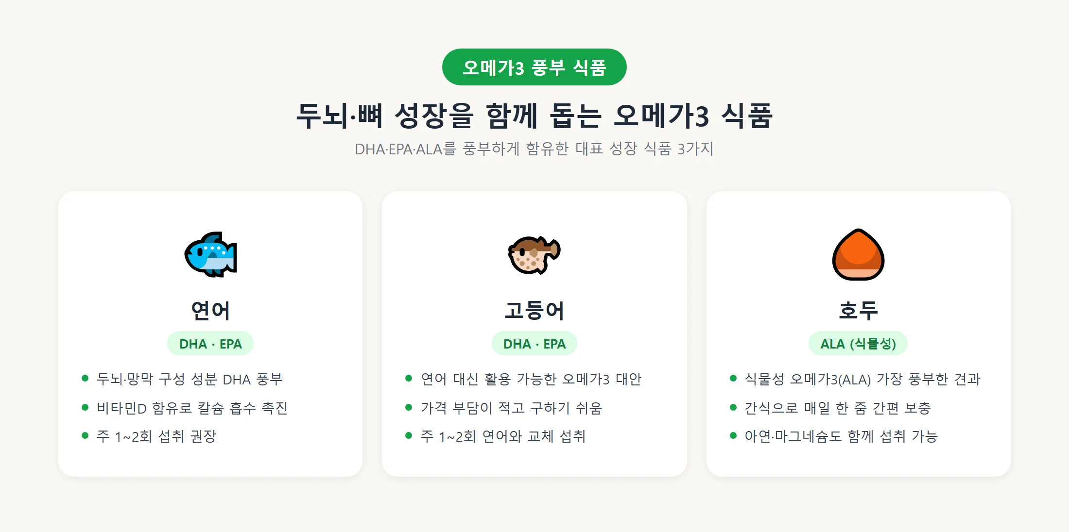 어린이 두뇌 성장에 좋은 오메가3 식품 — 연어·고등어·호두 DHA EPA ALA 비교 정보