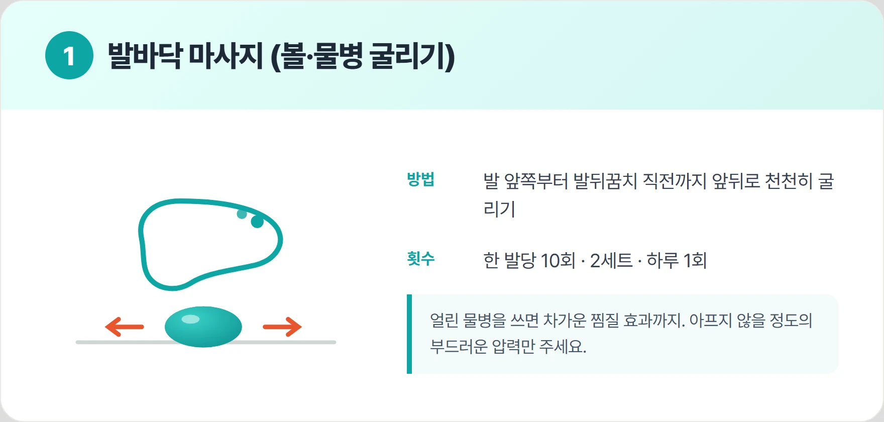 얼린 물병을 발 아래에 두고 앞뒤로 굴리며 발바닥을 마사지하는 모습
