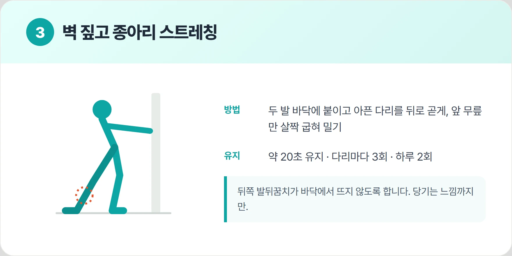 벽을 짚고 한쪽 다리를 뒤로 뻗어 종아리를 늘여 주는 스트레칭 자세