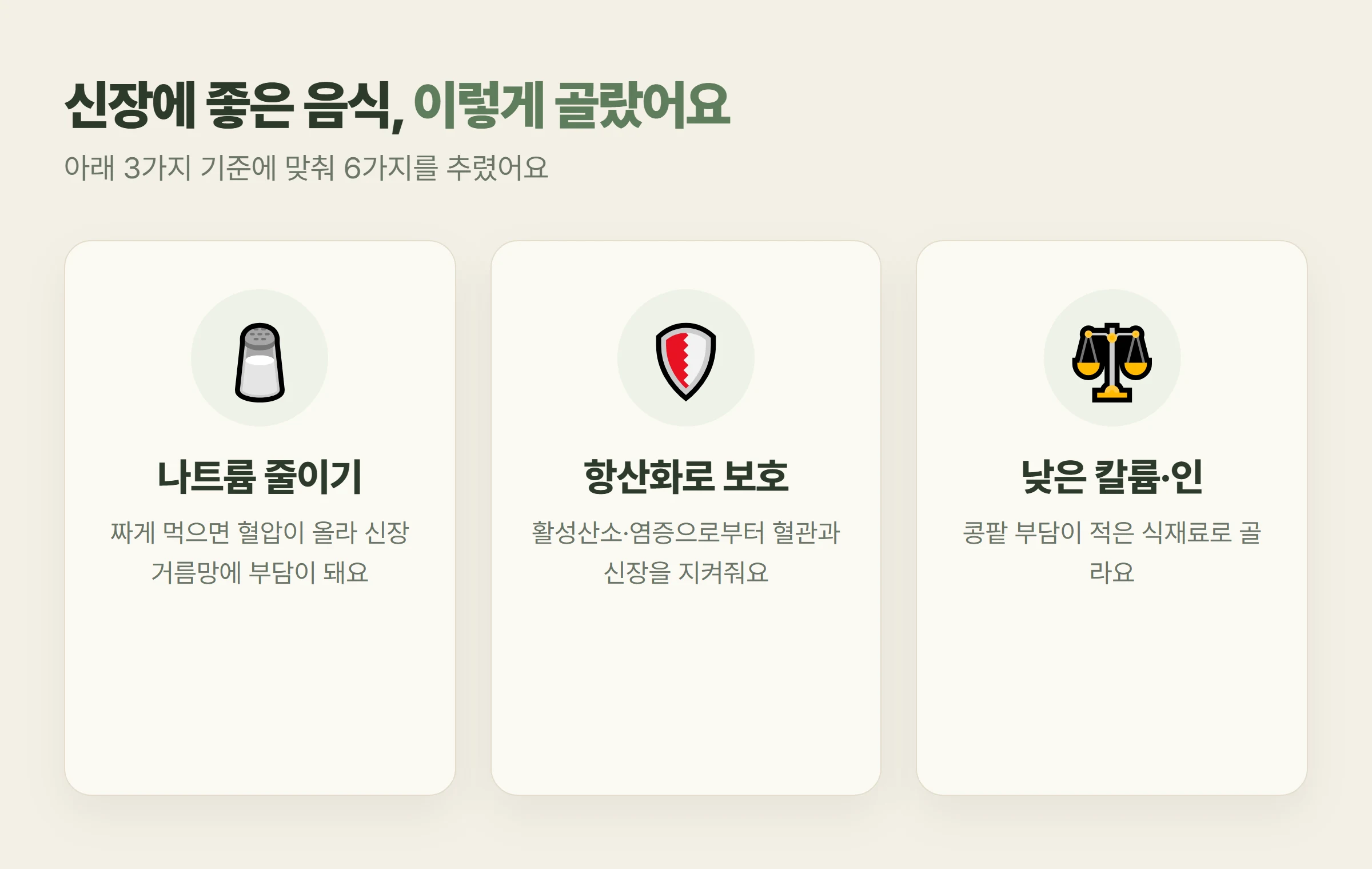 저염·항산화·낮은 칼륨 인 3가지 기준으로 신장에 좋은 음식을 고르는 인포그래픽